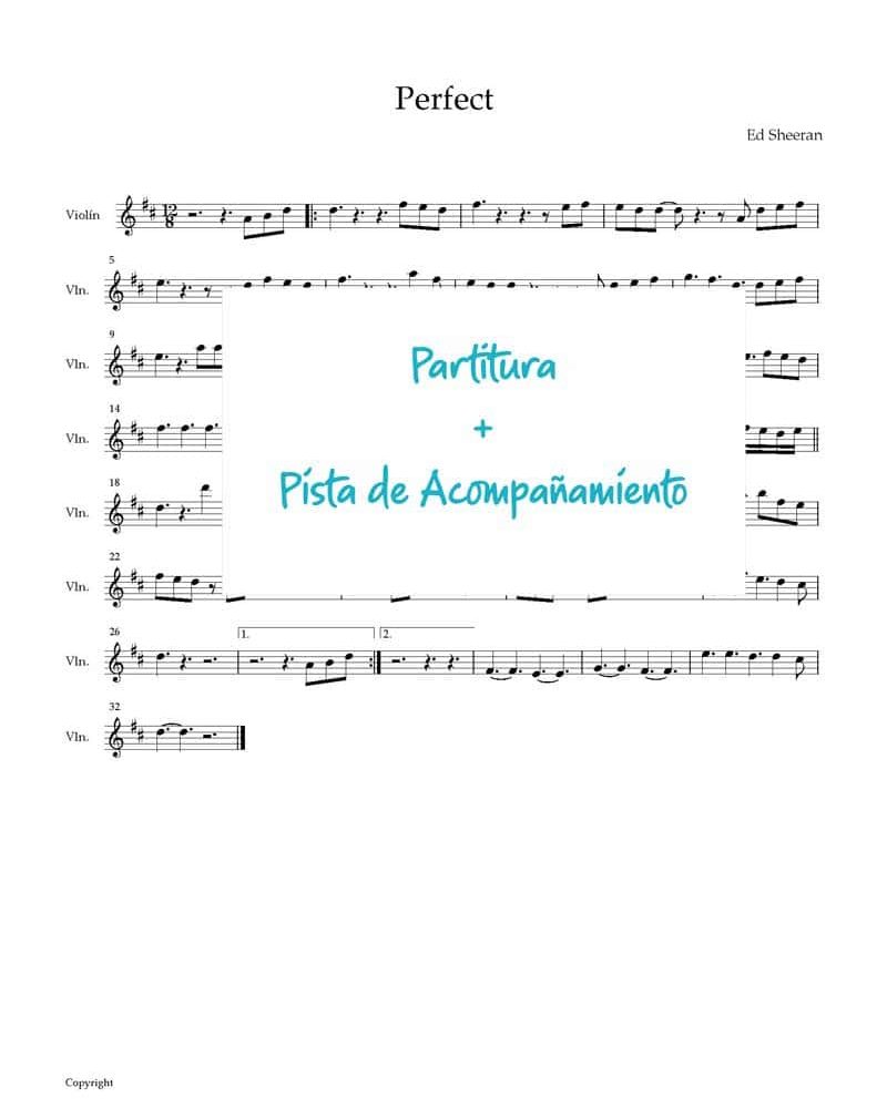 Perfect de Ed Sheeran, Partitura Fácil para violín junto con la pista de acompañamiento en mp3